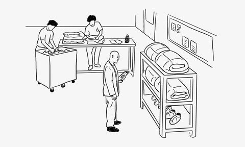 Line illustration of Iwata:Nezen bedding company in their Kyoto atelier