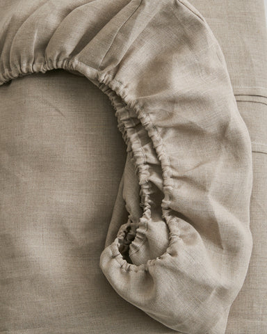 Close-up of a unbleached linen fitted sheet by iwata 