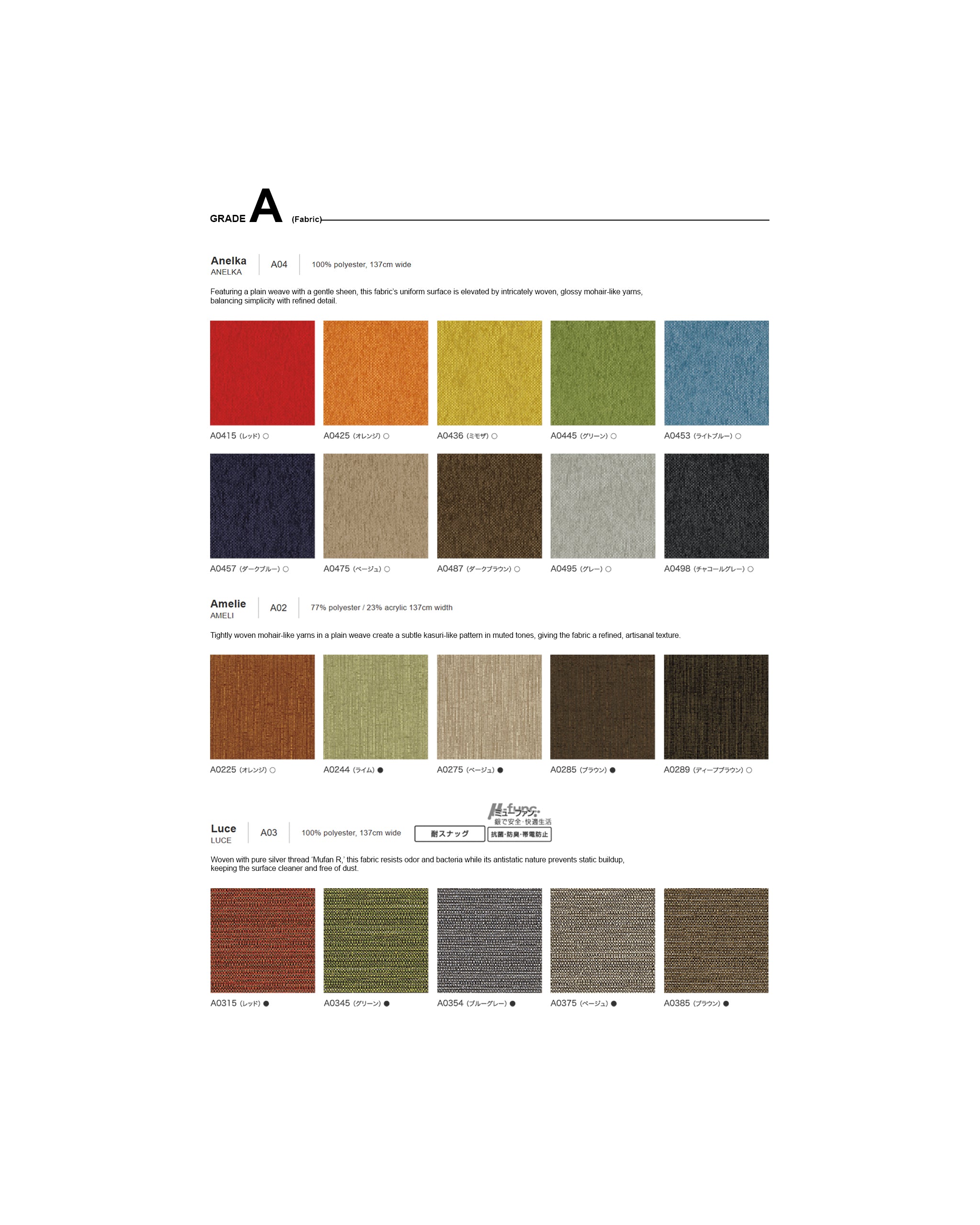 Color swatch chart for fabric Grade A with various color samples.