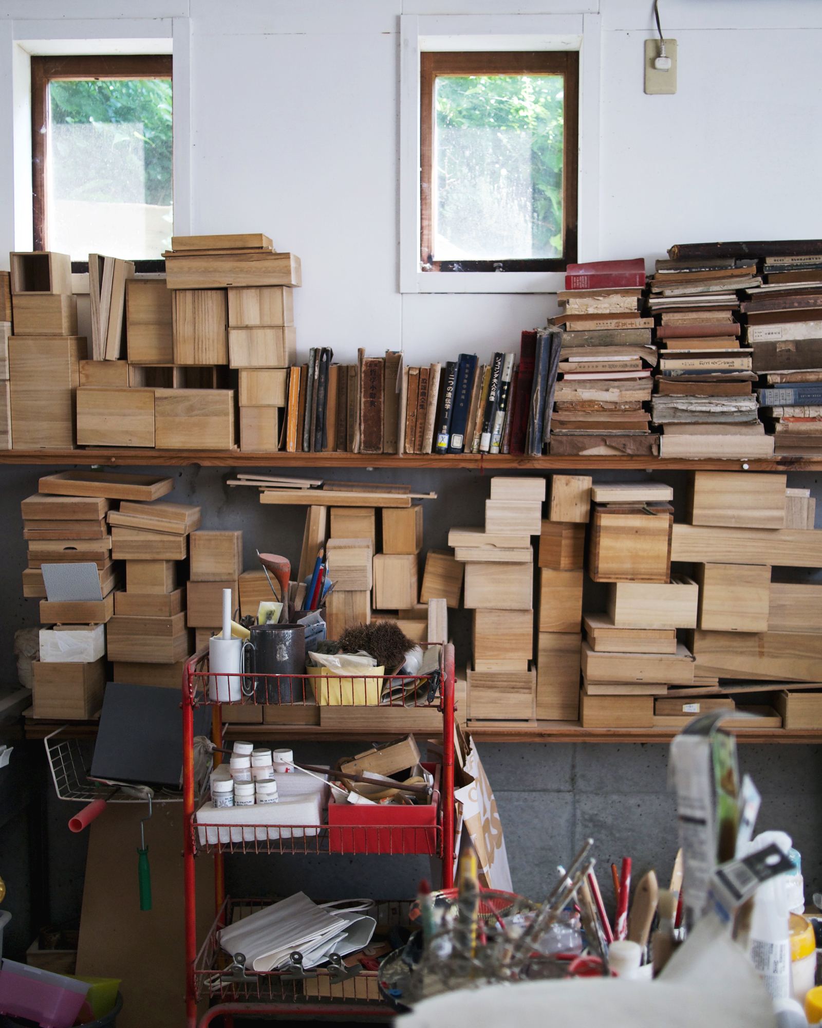 shelf with blocks of wood
