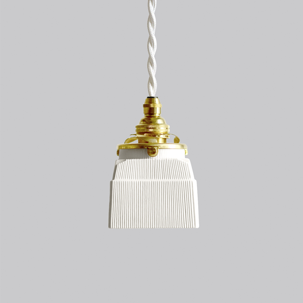 Hanging cube-like, ridged pendant lamp by Tobimatsu Toki on a gray background