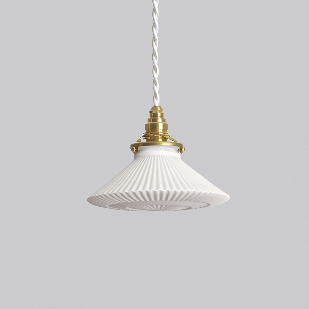 Hanging accordion, ridged pendant lamp by Tobimatsu Toki with a closed bottom on a gray background
