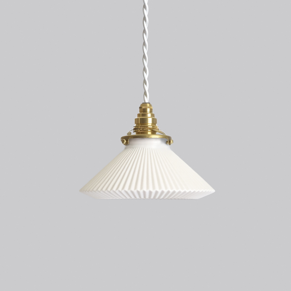 Hanging accordian, ridged pendant lamp by Tobimatsu Toki with an open bottom on a gray background