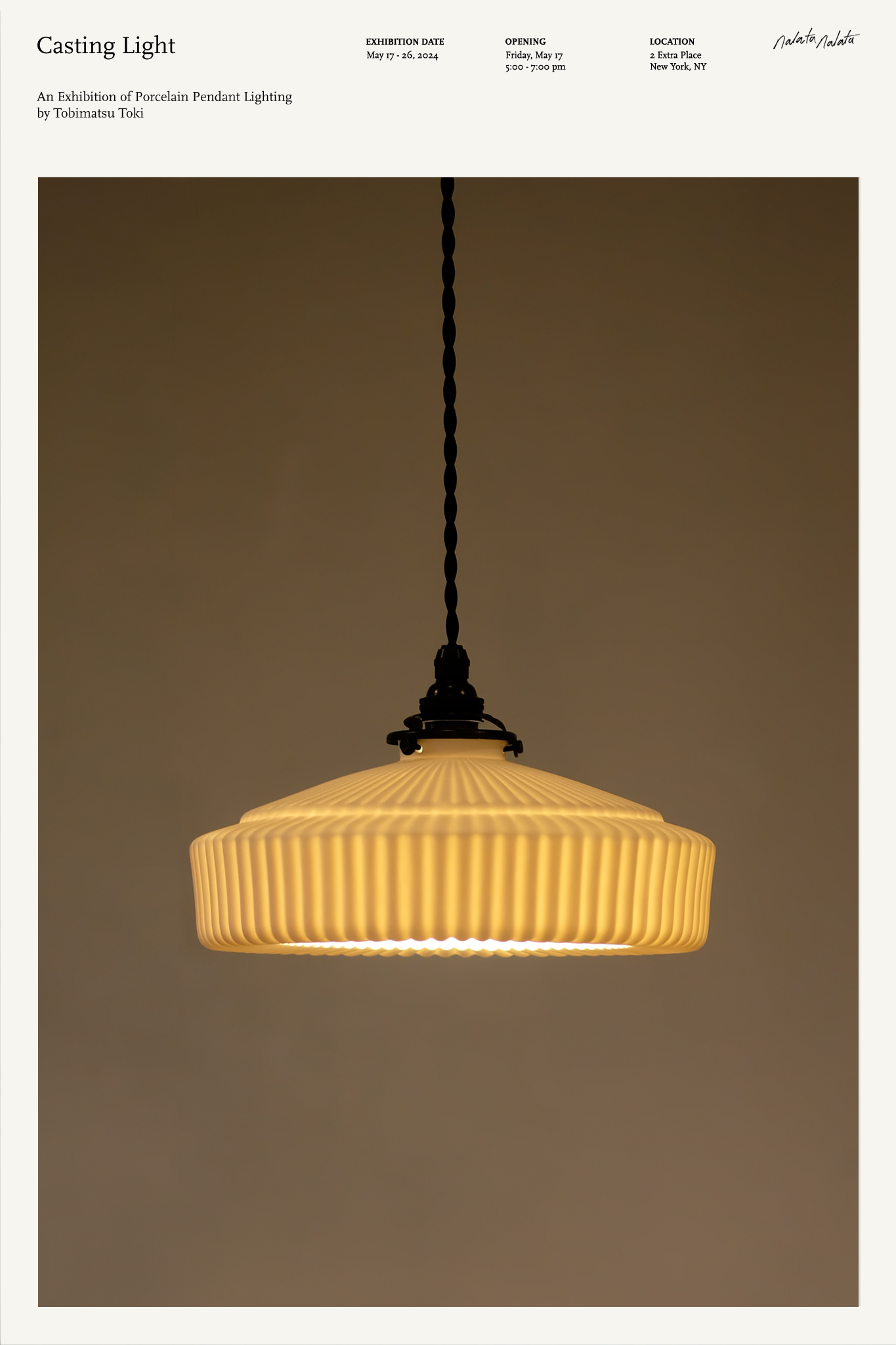 Poster for Casting Light - An Exhibition of Porcelain Pendant Lighting by Hirotaka Tobimatsu - front image of a hanging ridge wheel pendant