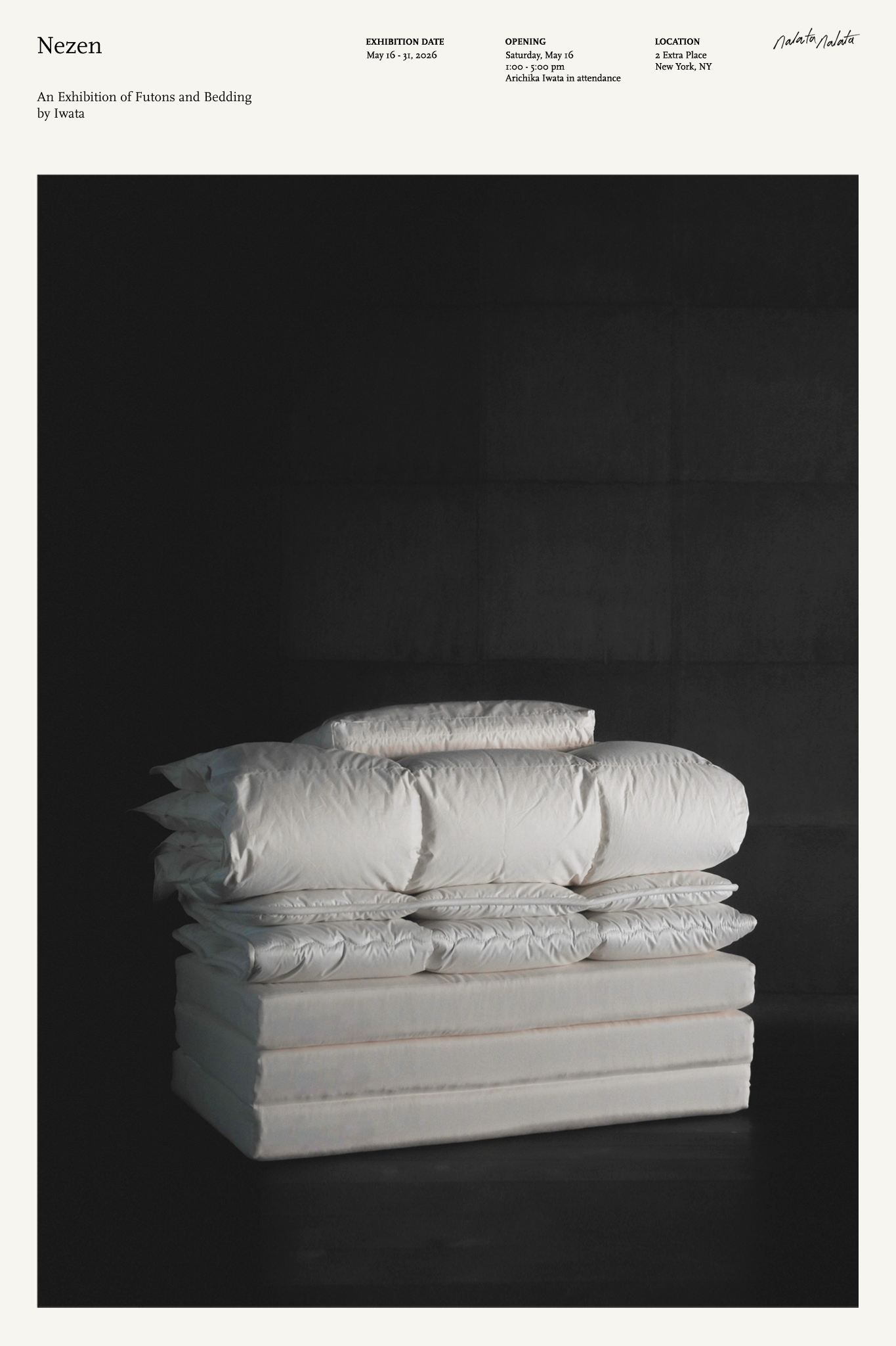 Poster for Nezen Iwata Exhibition at Nalata Nalata of white futon bedding setup against dark black background