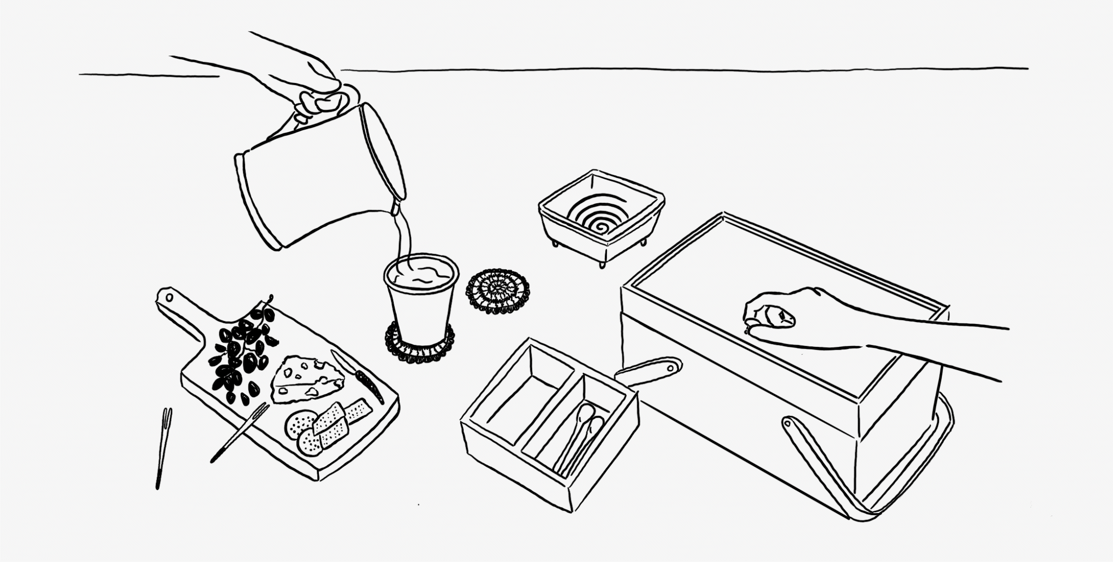Hand drawn illustrated gif of Summer picnic scene with pouring drinks and opening picnic box.