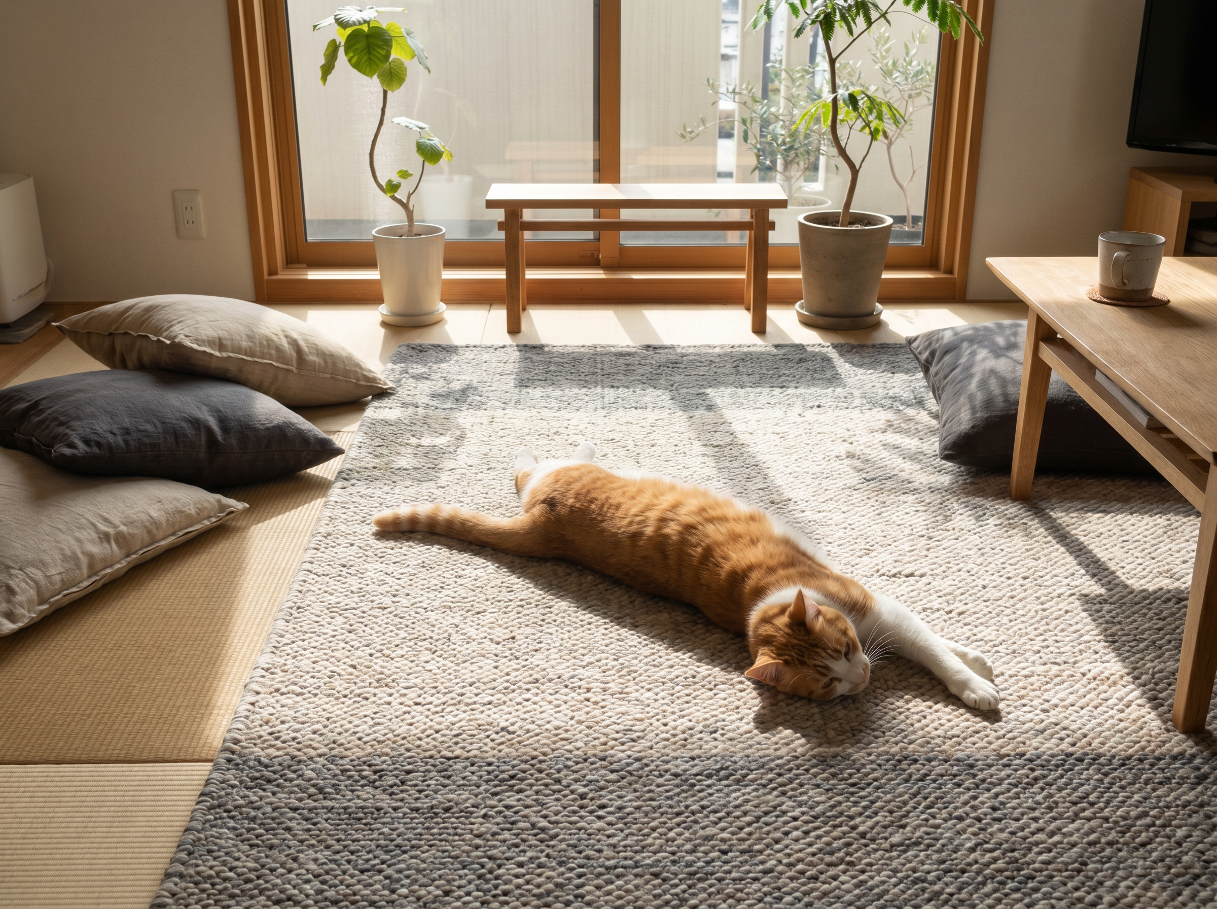 陽の入る部屋でウールのラグに伸びをする猫