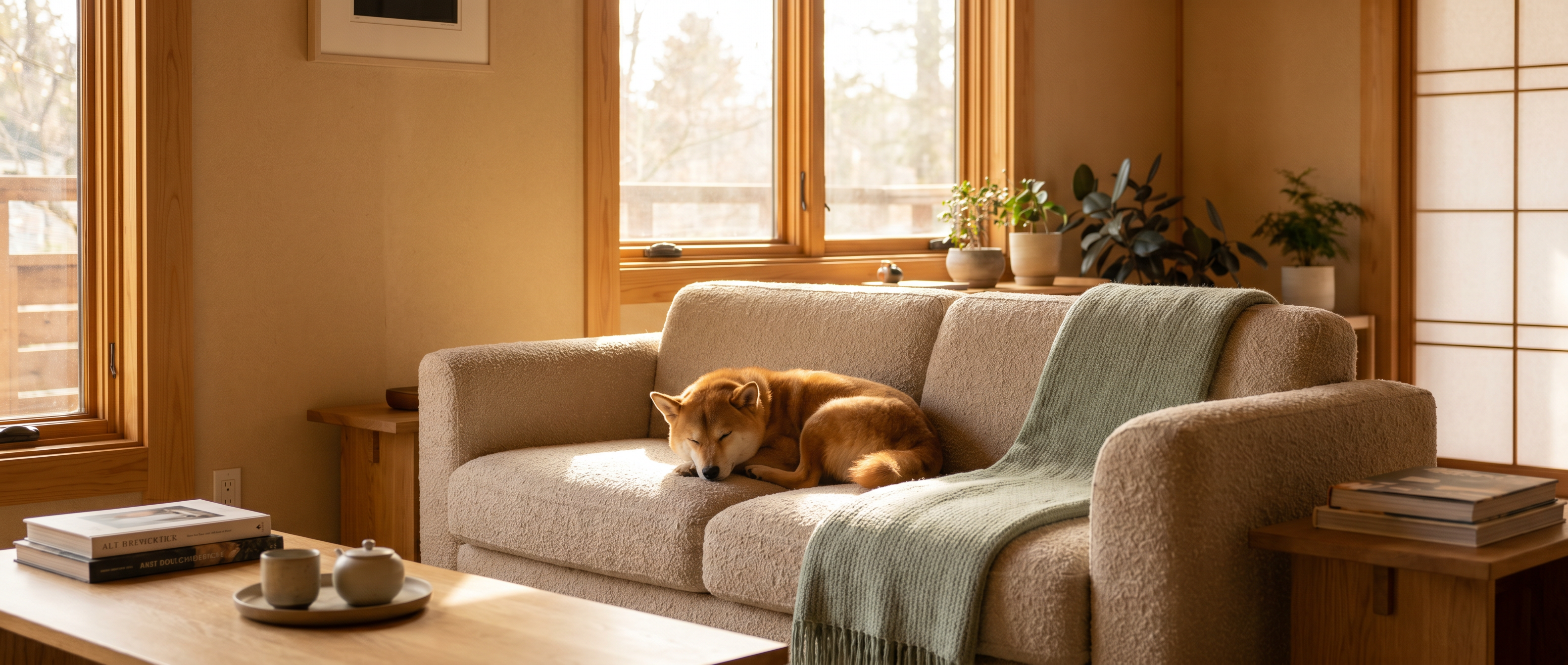 オートミール色のソファで日差しを浴びて眠る柴犬と、ミントグリーンのブランケット