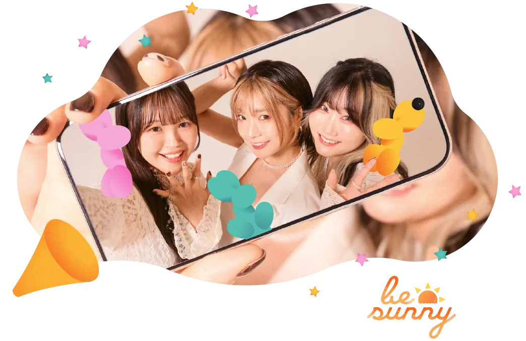バルーンドッグのイラストとbe sunnyのメンバーの写真